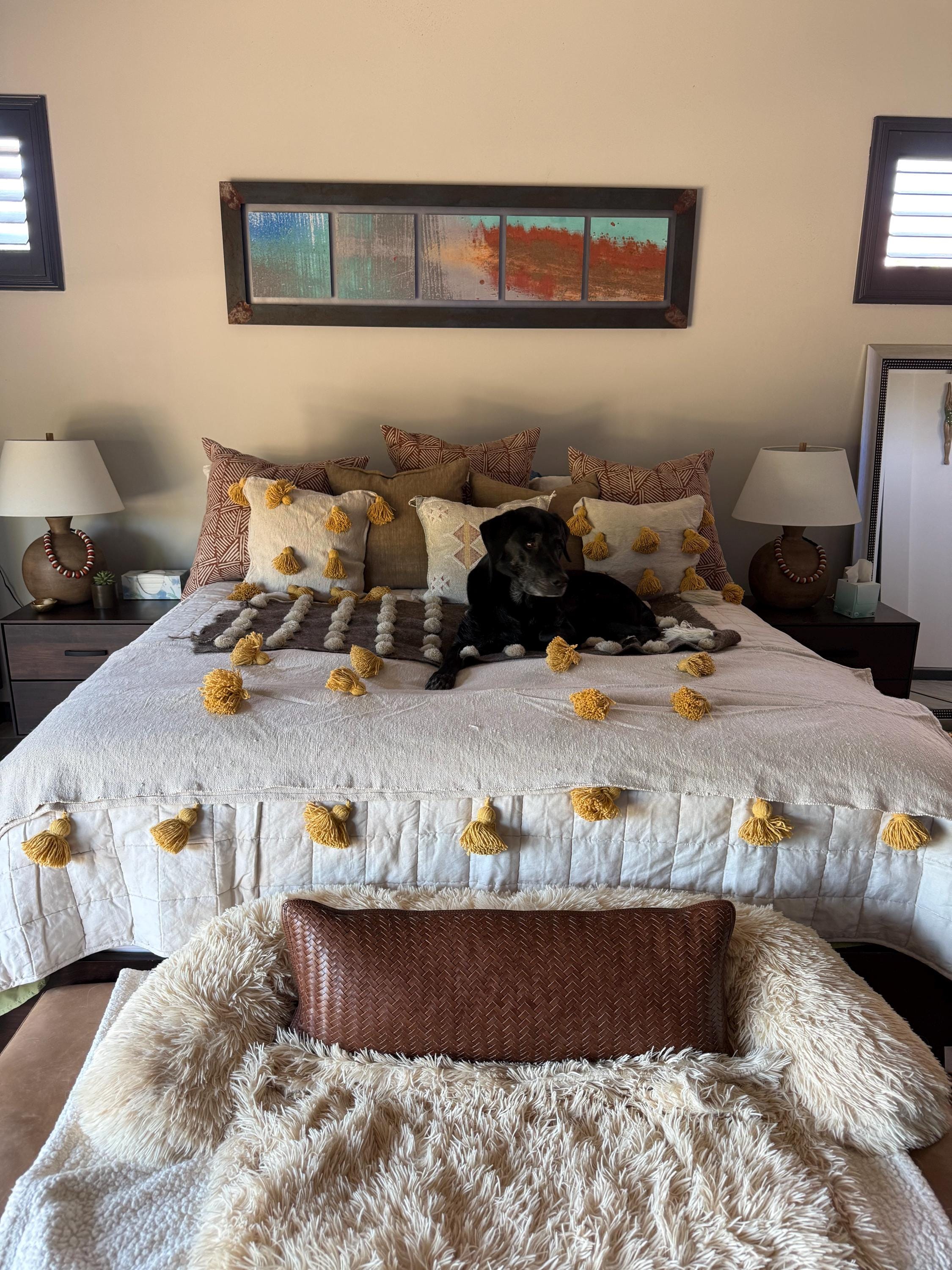 Moroccan Pom Pom Blanket - Cream Blanket with Moustard Pompoms