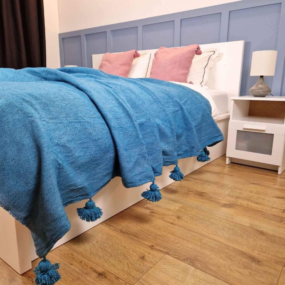 Moroccan Pom Pom Blanket - Blue Blanket with Blue Pompoms