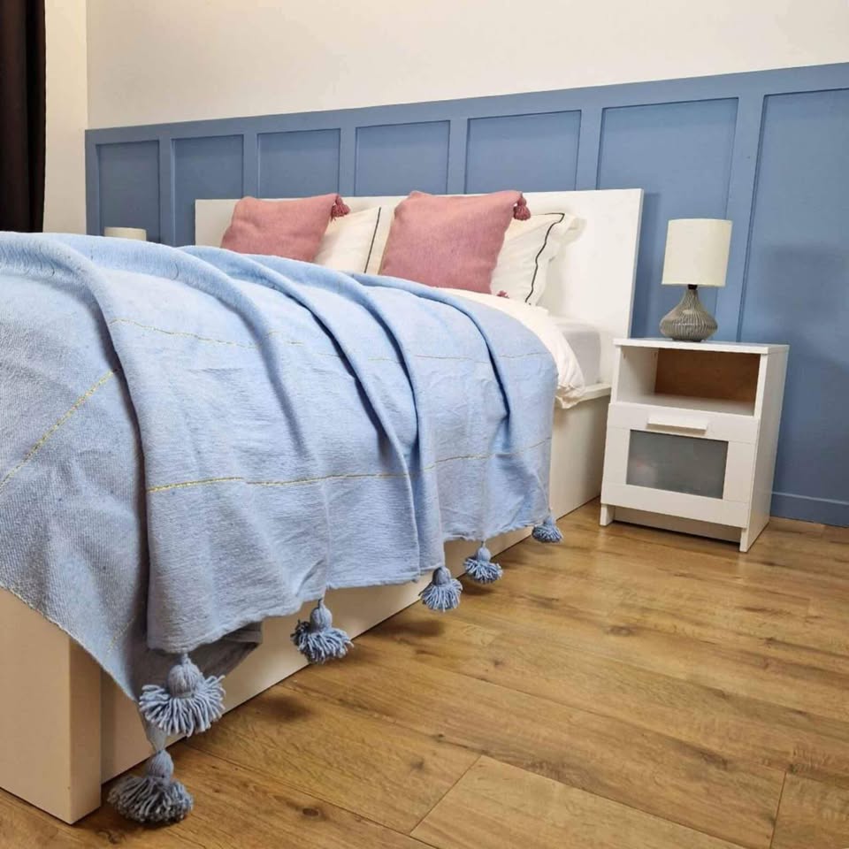 Moroccan Pom Pom Blanket - Blue Blanket with Blue Pompoms