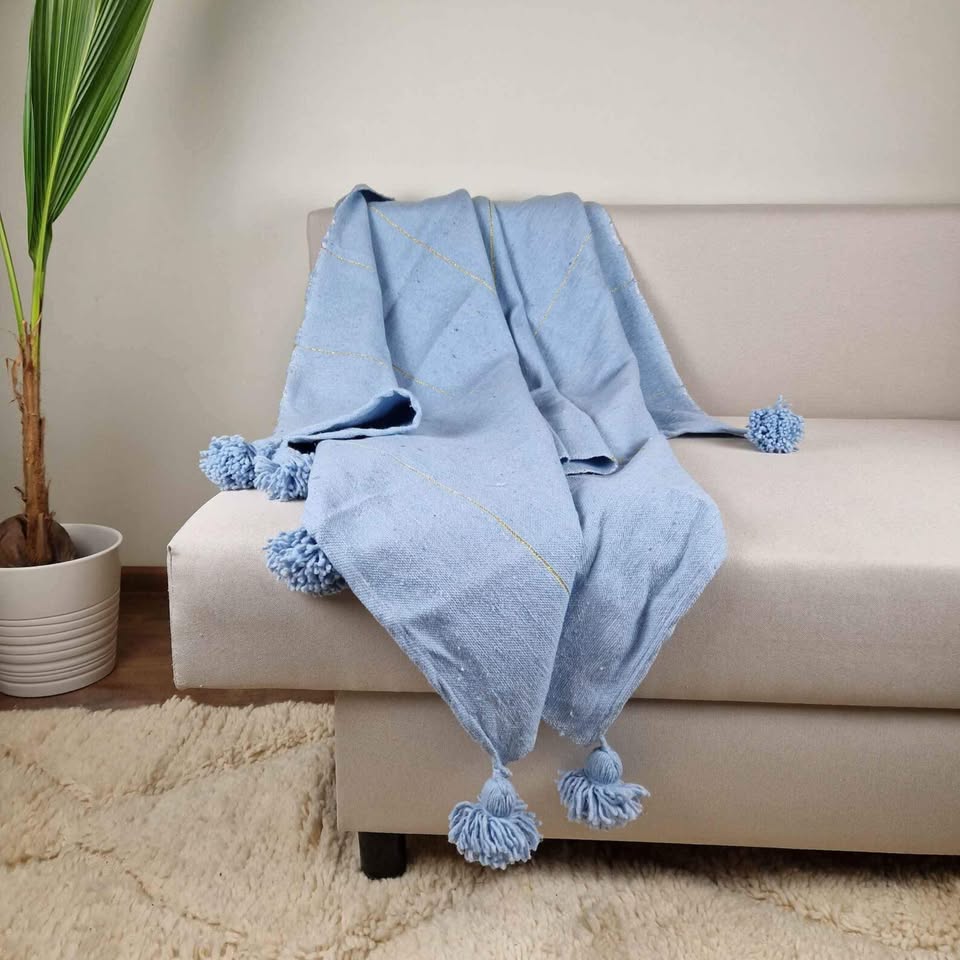 Moroccan Pom Pom Blanket - Blue Blanket with Blue Pompoms