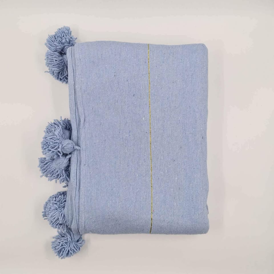 Moroccan Pom Pom Blanket - Blue Blanket with Blue Pompoms
