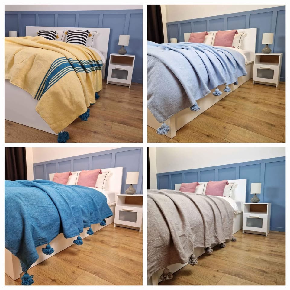 Moroccan Pom Pom Blanket - Blue Blanket with Blue Pompoms