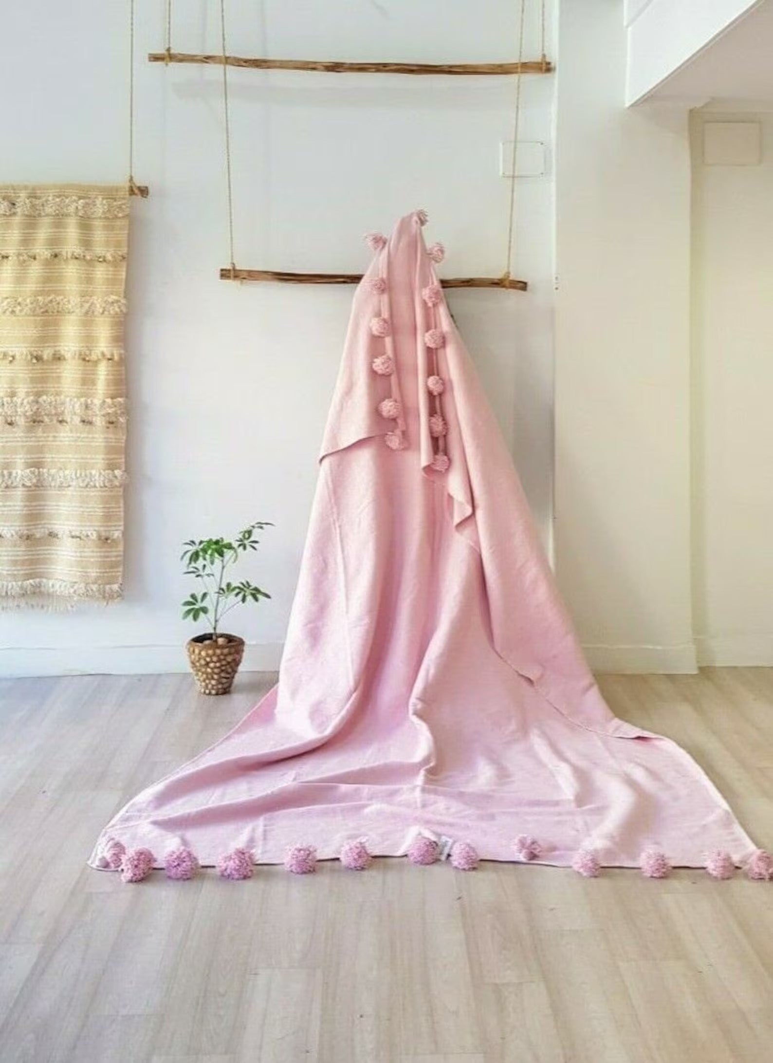 Moroccan Pompom throw blanket for sofa